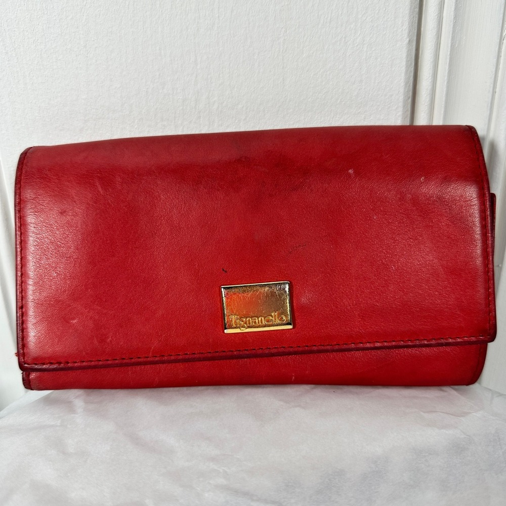 Tignanello Trifold Wallet Womens OS Red Genuine Leather Gold Logo Plaque